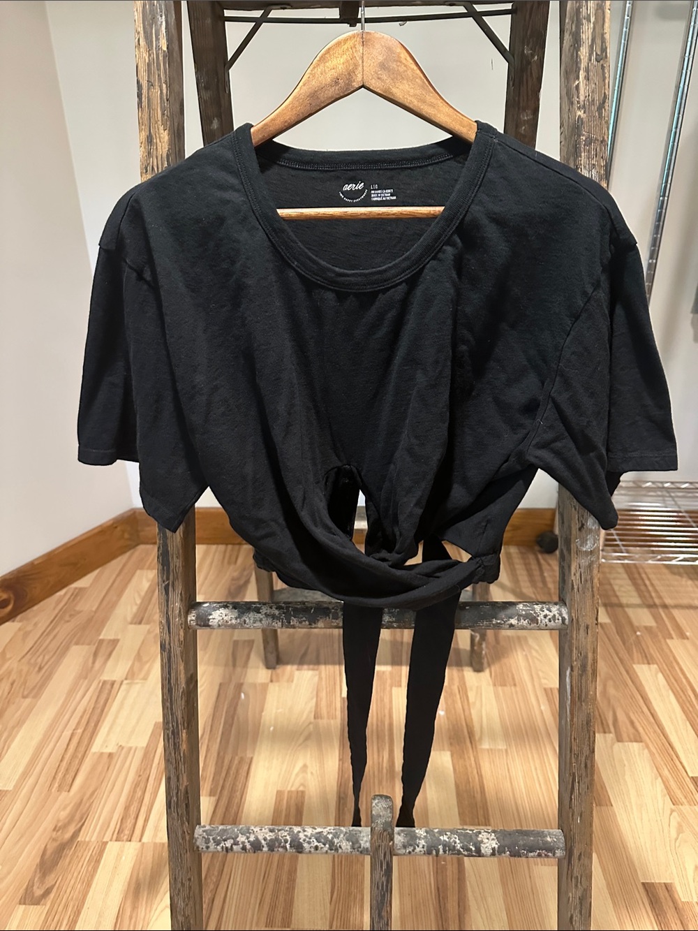 aerie Black Front Tie Crop Tee